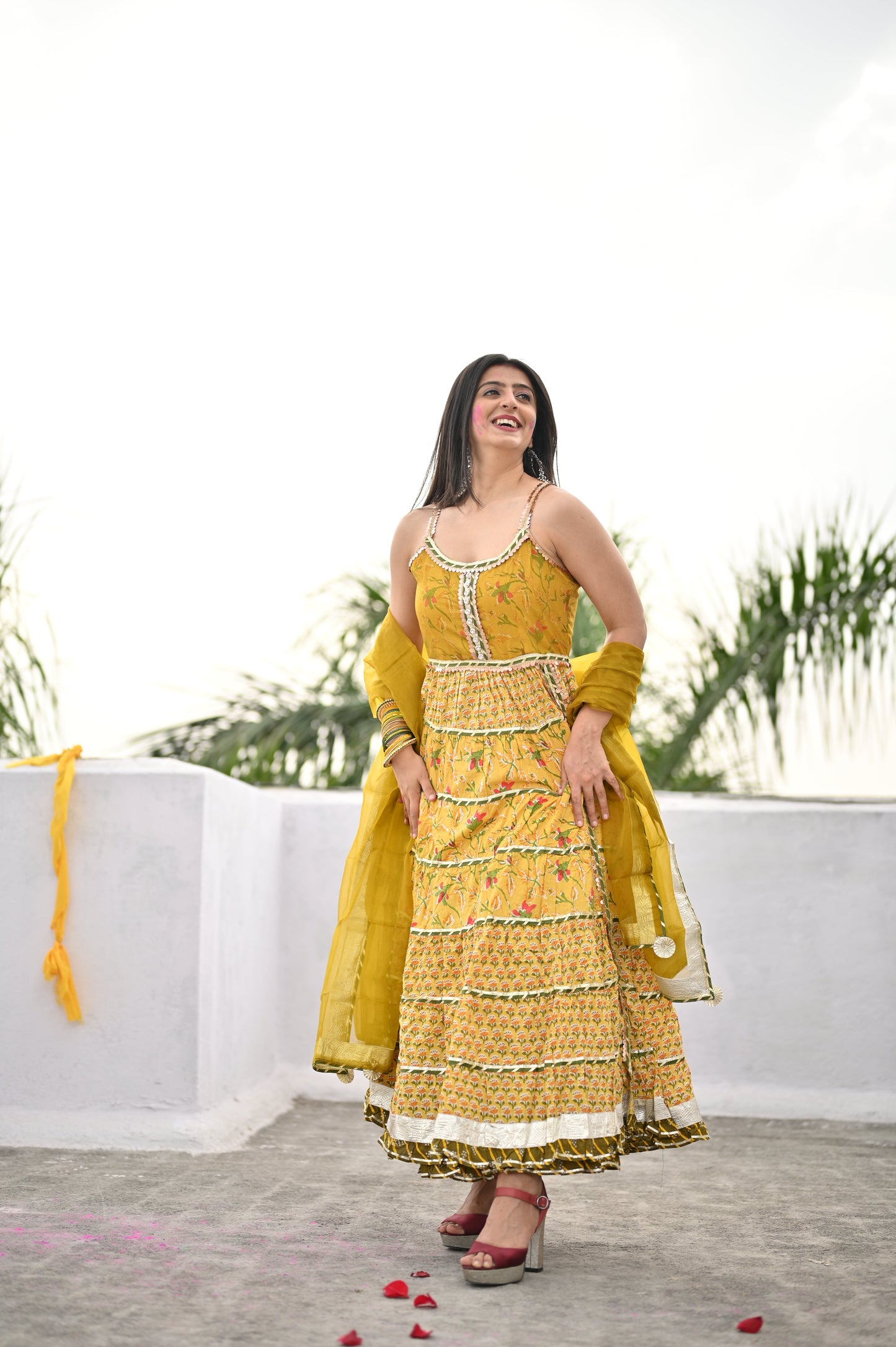 Eshani Yellow Cotton Sleeves less anarkali Skirt Set With Dupatta