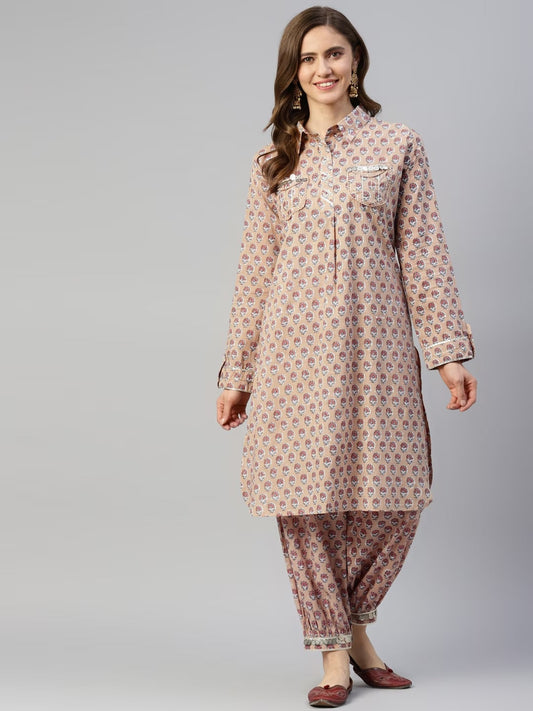 Eshani Beige Cotton Shirt Style Kurta Hem Cuffed Pant Co-ord Set