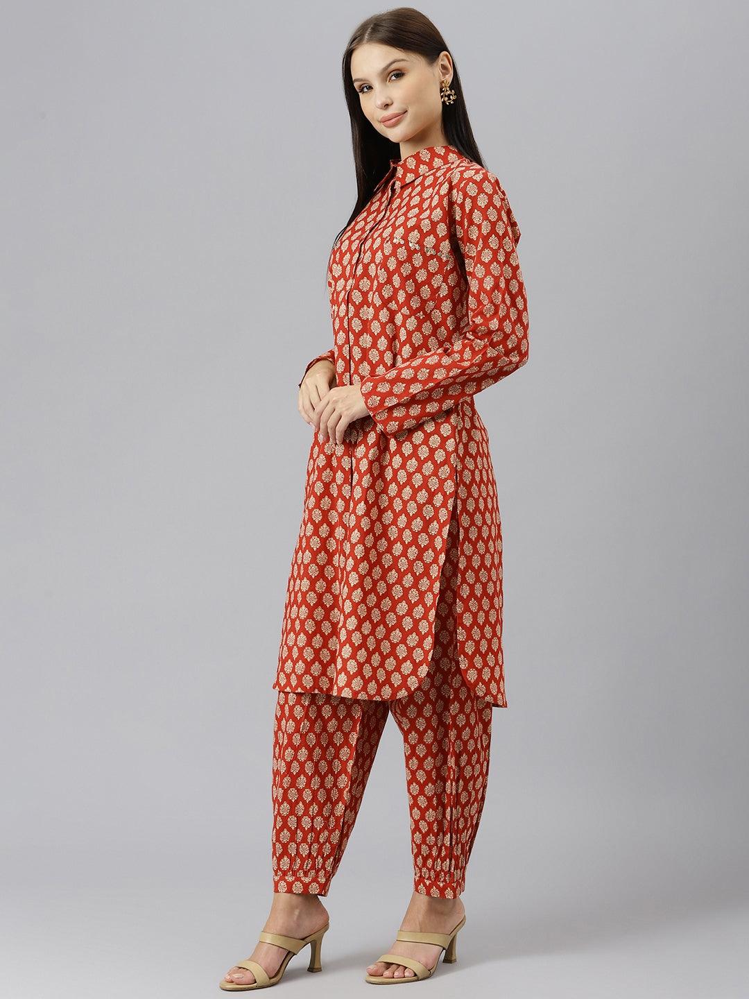 Eshani Maroon Cotton Shirt Style Kurta Hem Cuffed Pant Co-ord Set - Eshani world