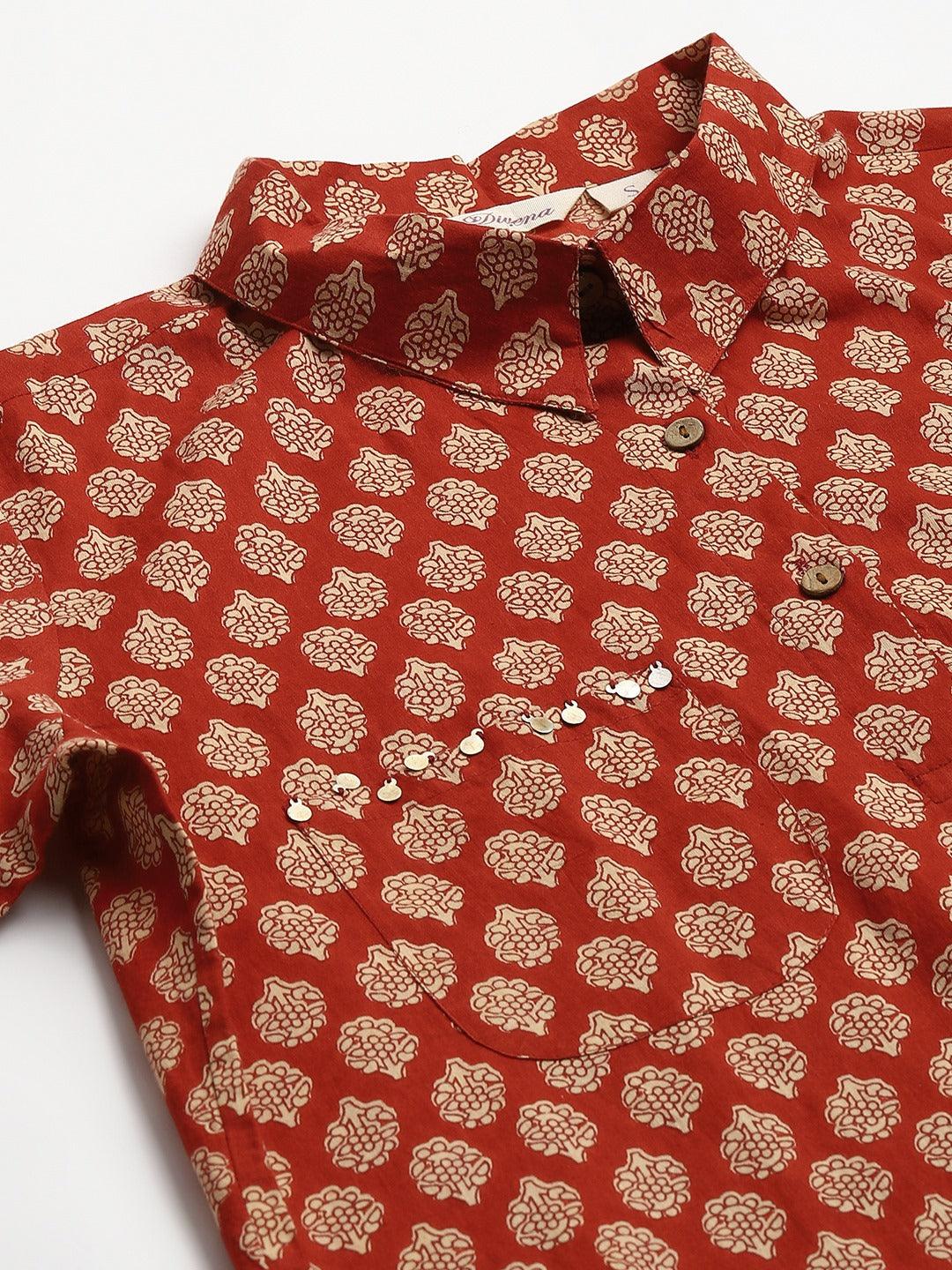 Eshani Maroon Cotton Shirt Style Kurta Hem Cuffed Pant Co-ord Set - Eshani world