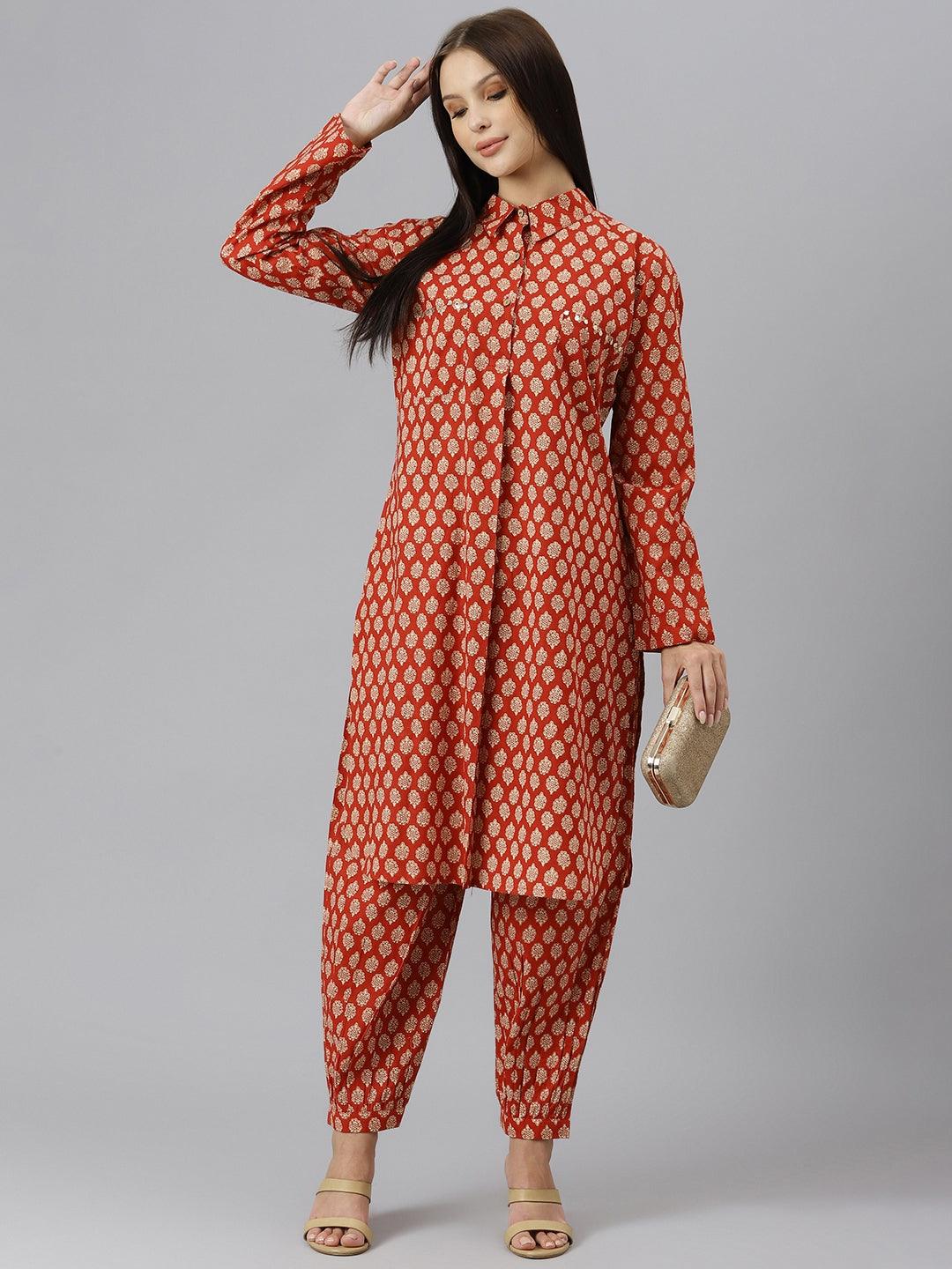 Eshani Maroon Cotton Shirt Style Kurta Hem Cuffed Pant Co-ord Set - Eshani world
