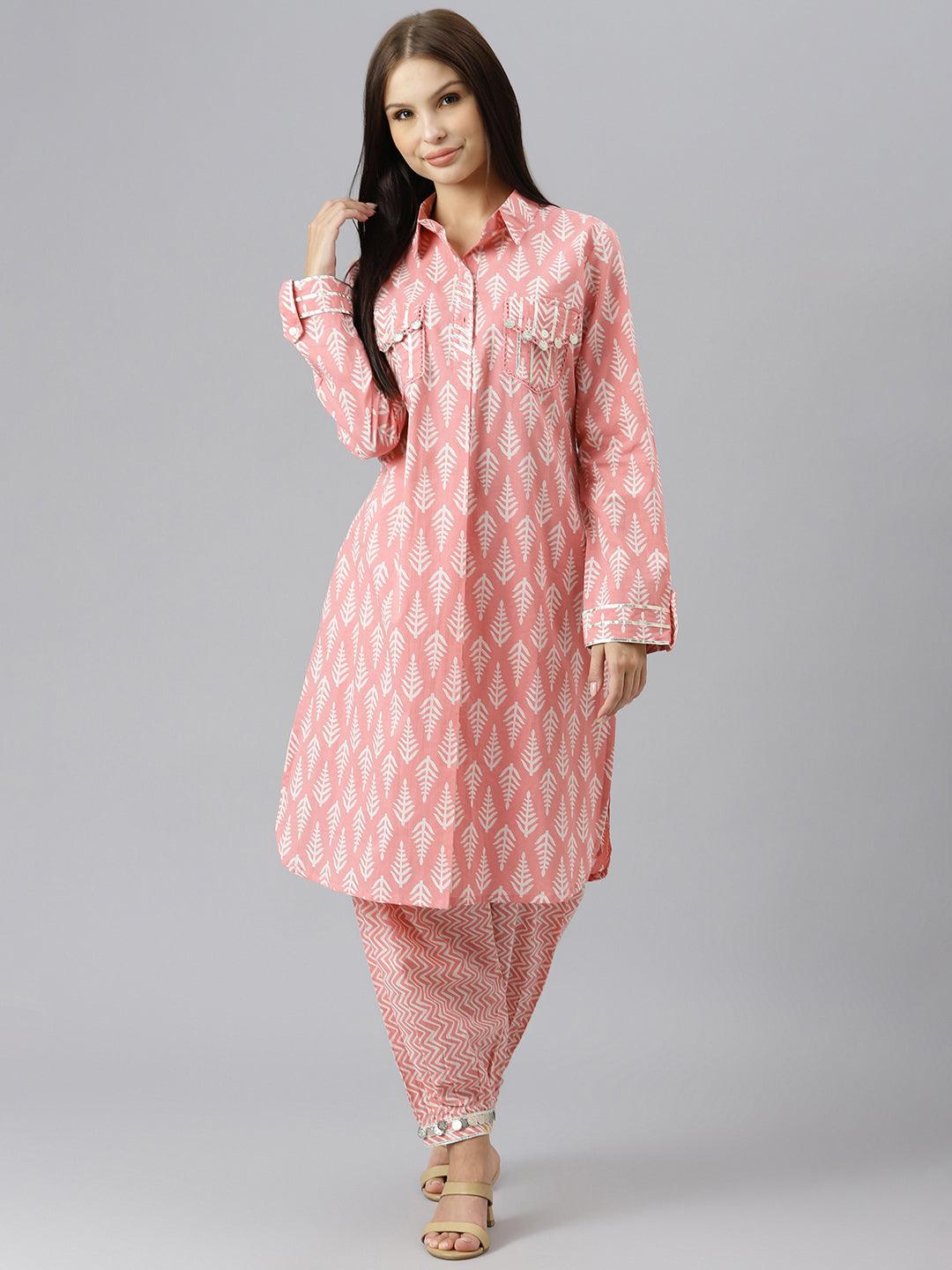 Eshani Pink Cotton Shirt Style Kurta Hem Cuffed Pant Co-ord Set - Eshani world