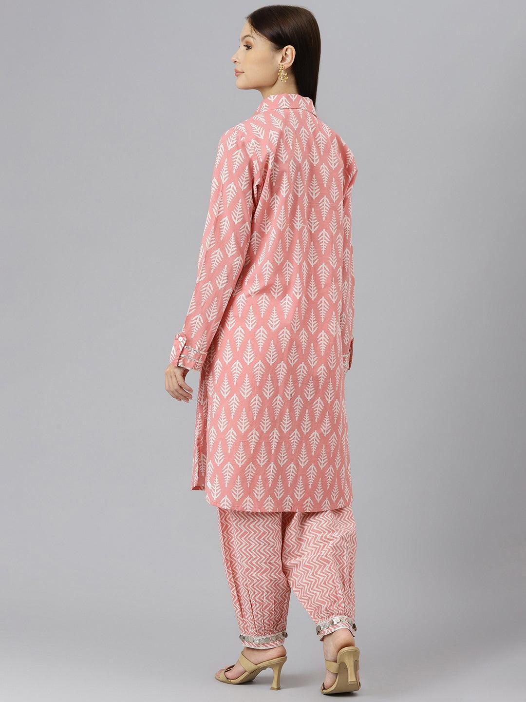 Eshani Pink Cotton Shirt Style Kurta Hem Cuffed Pant Co-ord Set - Eshani world