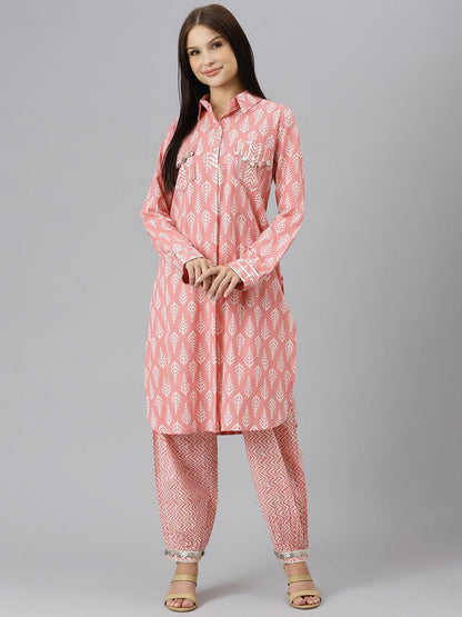 Eshani Pink Cotton Shirt Style Kurta Hem Cuffed Pant Co-ord Set - Eshani world