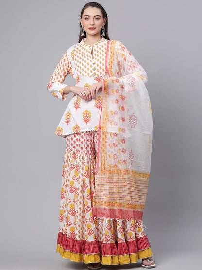 Eshani Yellow White Peplum Top Sharara Set with Dupatta - divenaworld.com