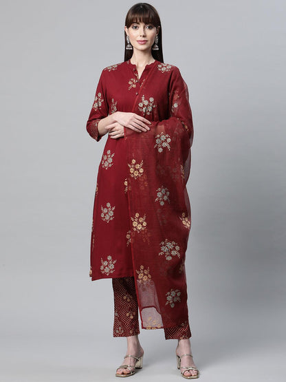 Eshani Maroon Rayon Kurta Pant Set with kota doria Dupatta - Eshani world