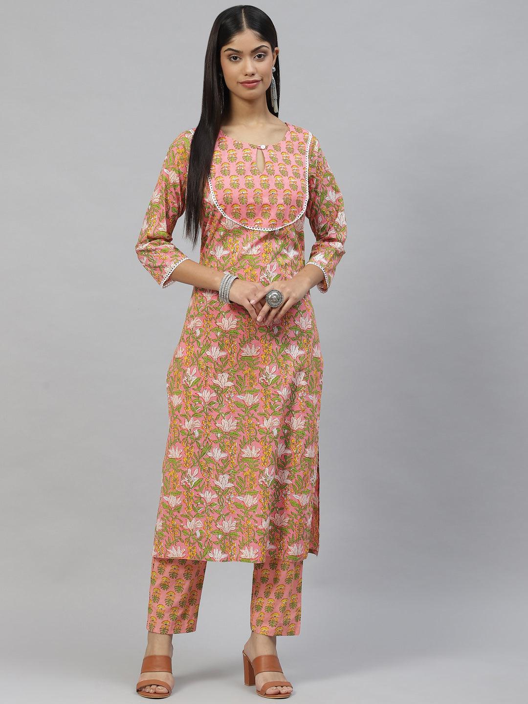 Eshani Pink Floral Cotton Kurta Pant Set - Eshani world