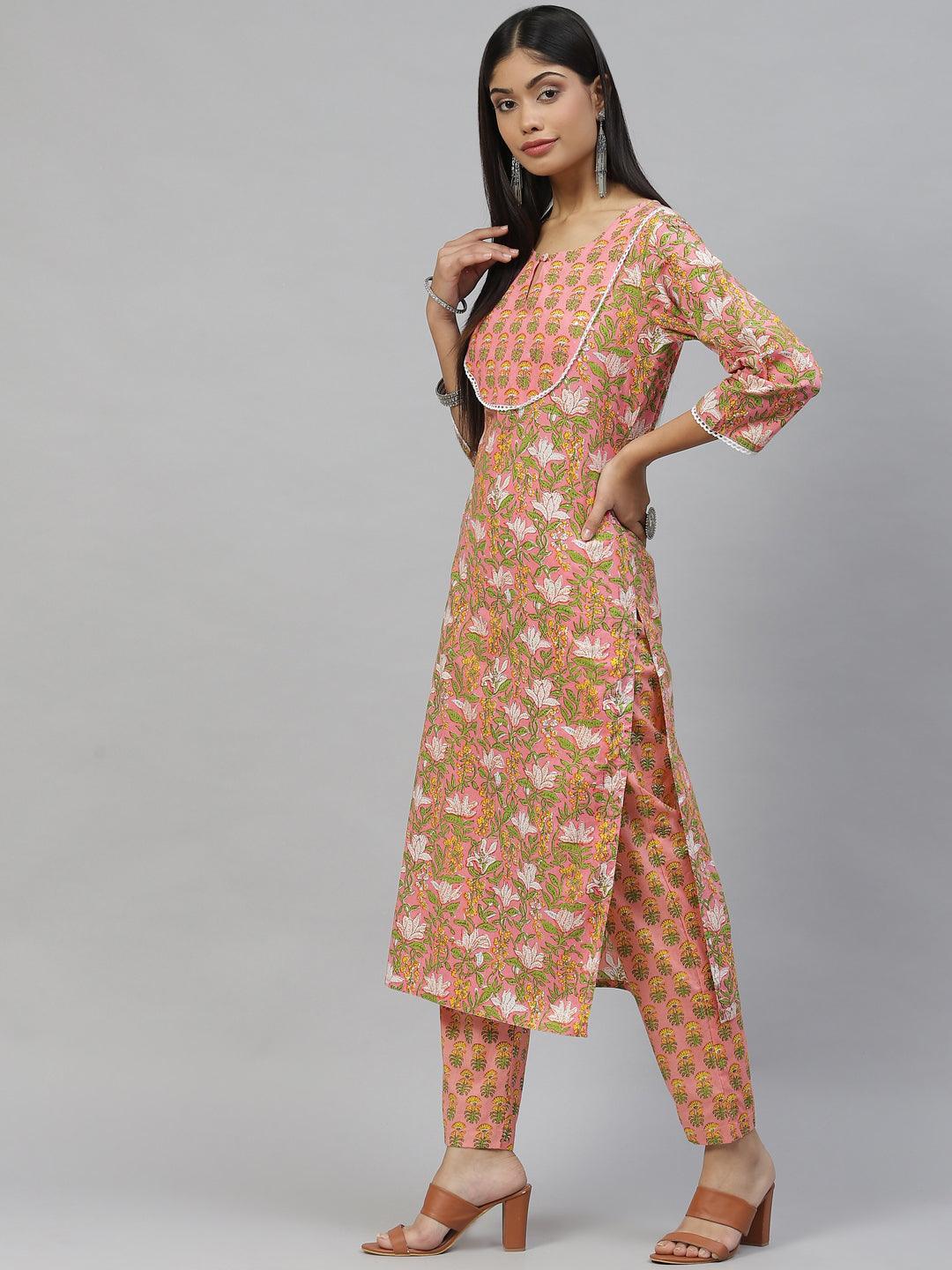 Eshani Pink Floral Cotton Kurta Pant Set - Eshani world