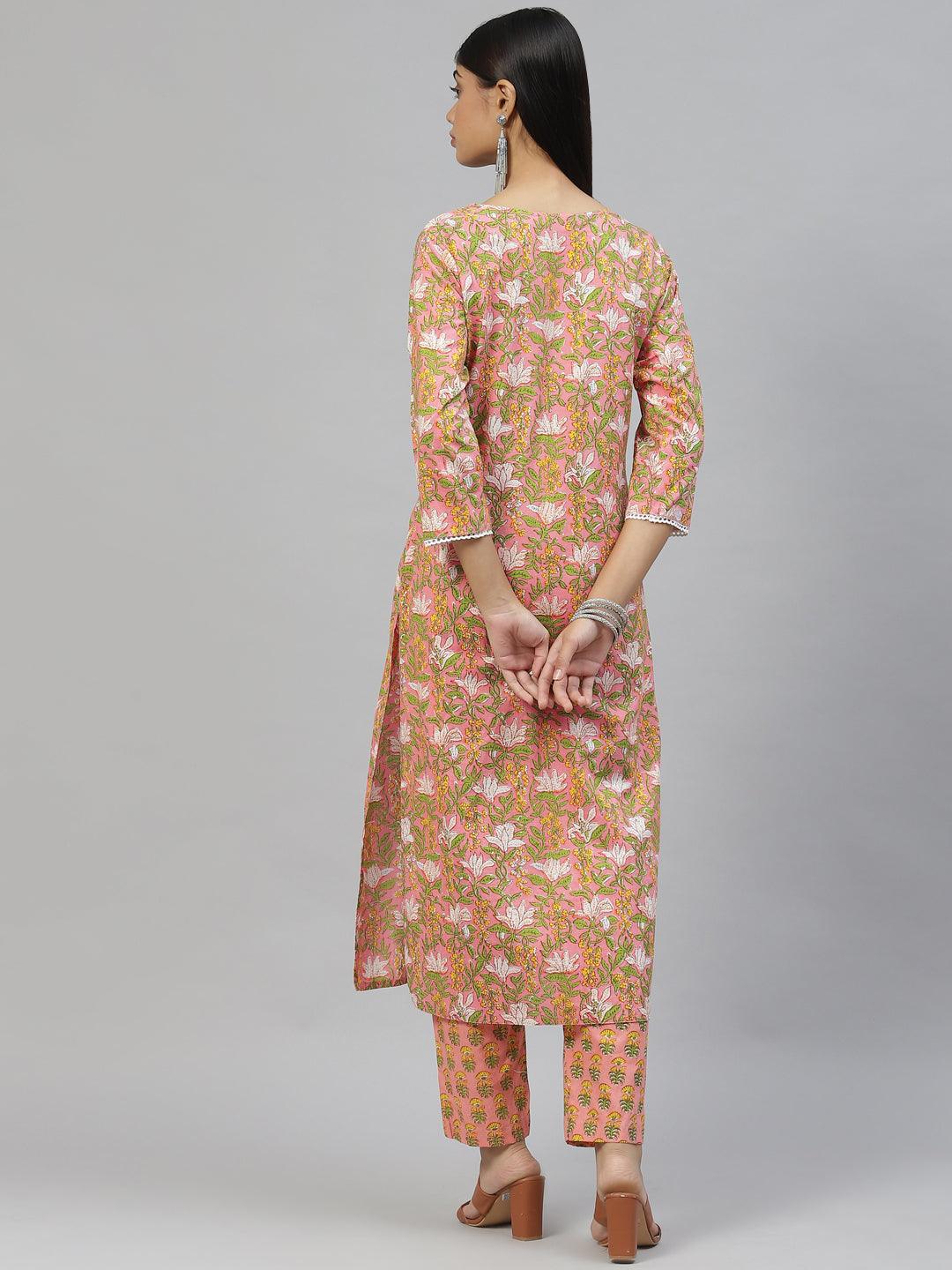 Eshani Pink Floral Cotton Kurta Pant Set - Eshani world