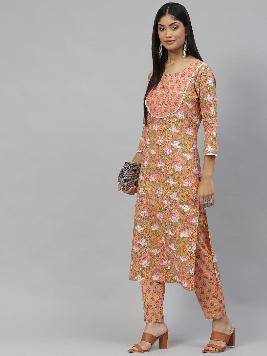 Eshani Pink Floral Cotton Kurta Pant Set - Eshani world