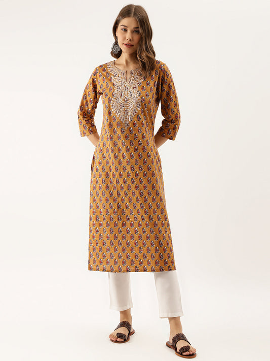 Eshani Brown Floral Printed Cotton Zari Work Kurta for Women