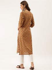 Eshani Brown Floral Printed Cotton Zari Work Kurta for Women
