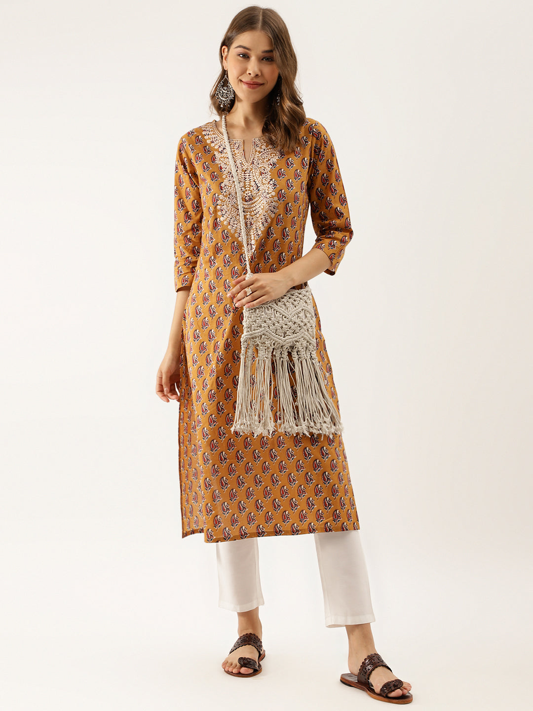 Eshani Brown Floral Printed Cotton Zari Work Kurta for Women