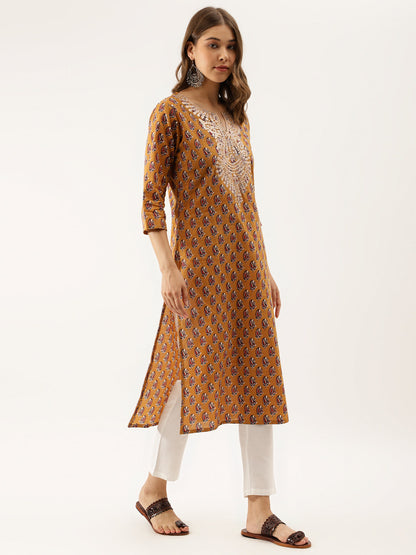 Eshani Brown Floral Printed Cotton Zari Work Kurta for Women