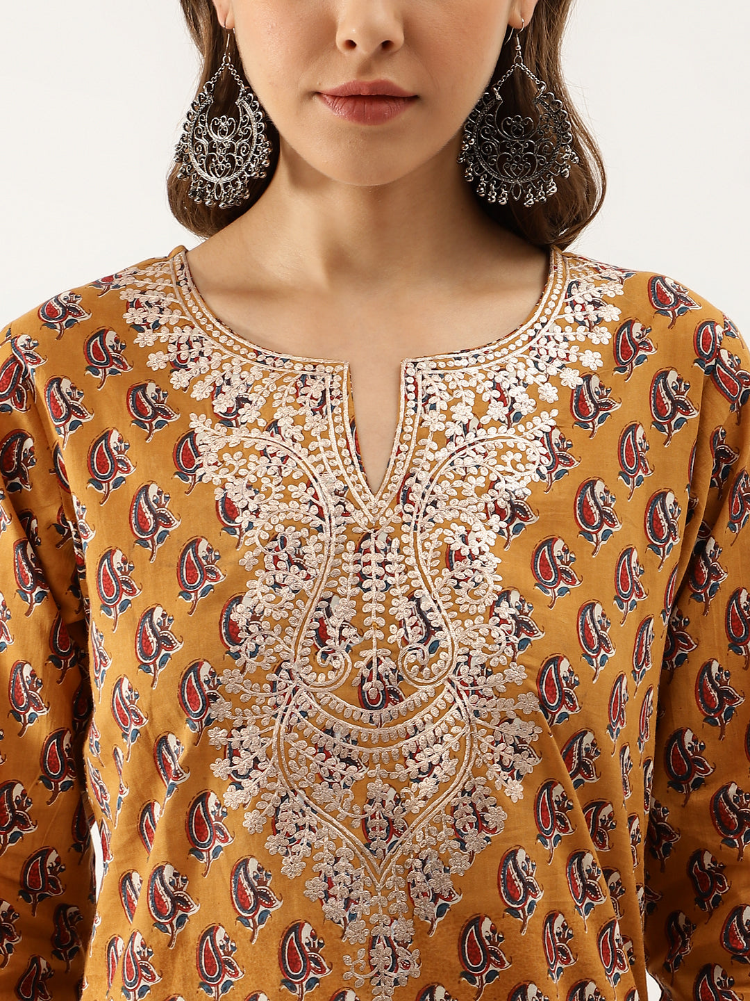 Eshani Brown Floral Printed Cotton Zari Work Kurta for Women