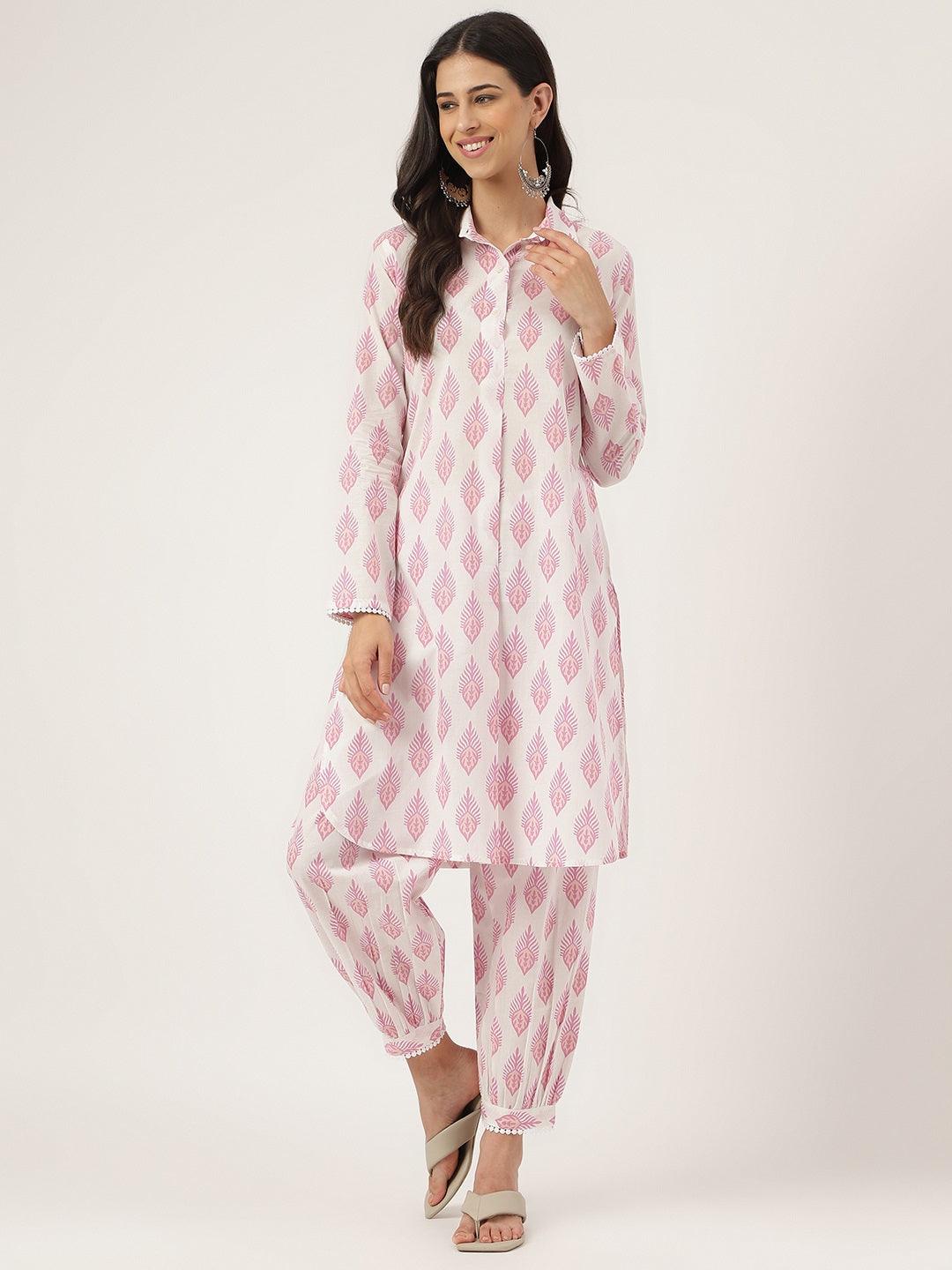 Eshani White Cotton Straight Kurta Hem Cuffed Pant set - Eshani world