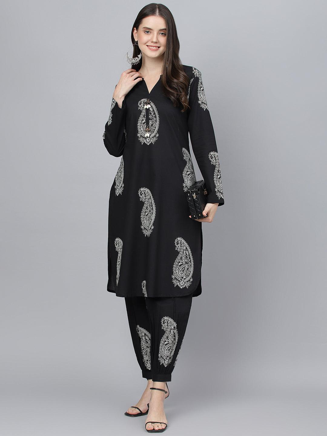 Eshani Black Cotton Straight Kurta Hem Cuffed Pant set - Eshani world