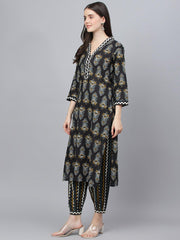 Eshani Black Cotton Straight Kurta Hem Cuffed Pant set - Eshani world