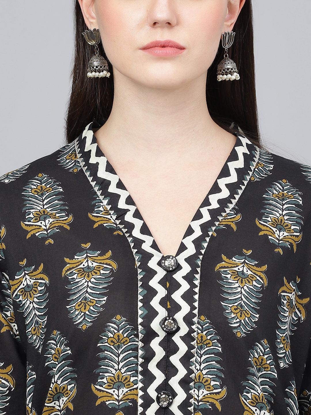 Eshani Black Cotton Straight Kurta Hem Cuffed Pant set - Eshani world