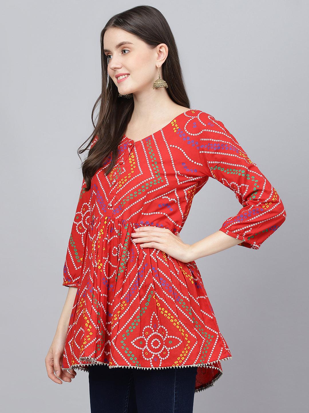 Eshani Red Bandhani Printed Cotton Peplum Top - Eshani world