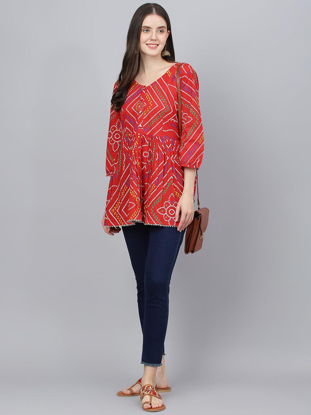 Eshani Red Bandhani Printed Cotton Peplum Top - Eshani world