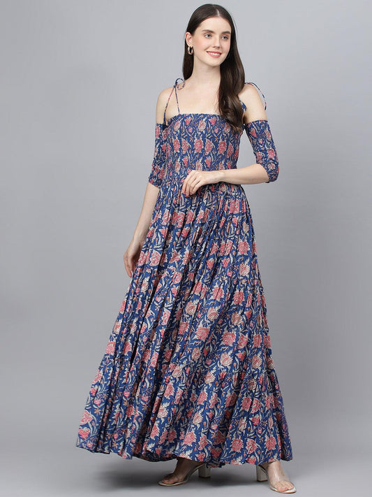 Eshani Blue Floral Printed Shoulder Strips Flared Long Dress - Eshani world