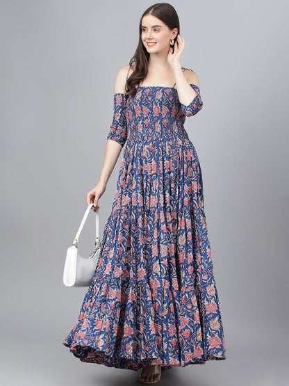 Eshani Blue Floral Printed Shoulder Strips Flared Long Dress - Eshani world