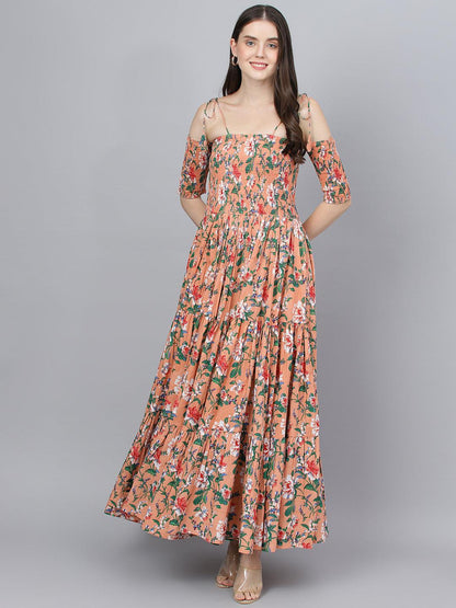 Eshani Peach Floral Printed Shoulder Strips Flared Long Dress - Eshani world