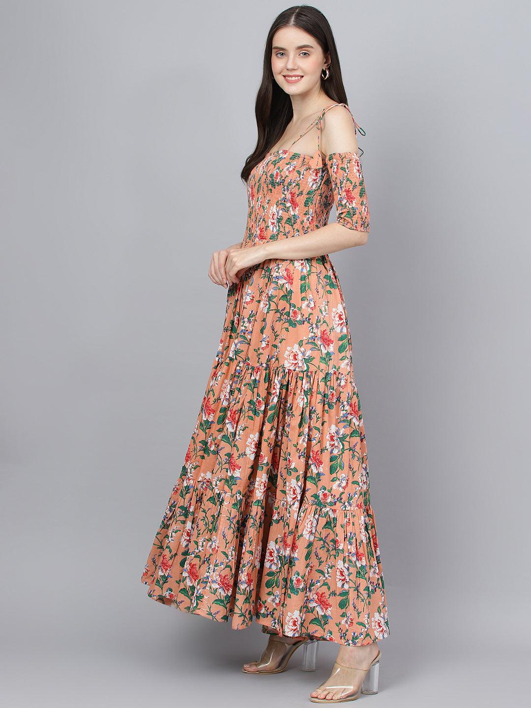 Eshani Peach Floral Printed Shoulder Strips Flared Long Dress - Eshani world