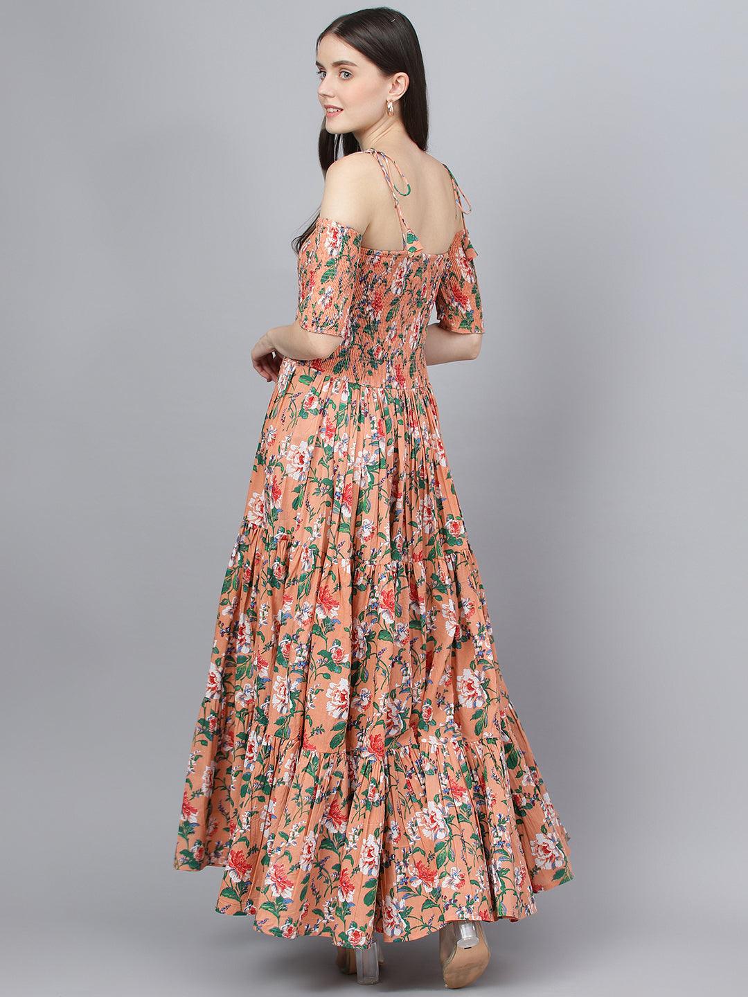 Eshani Peach Floral Printed Shoulder Strips Flared Long Dress - Eshani world