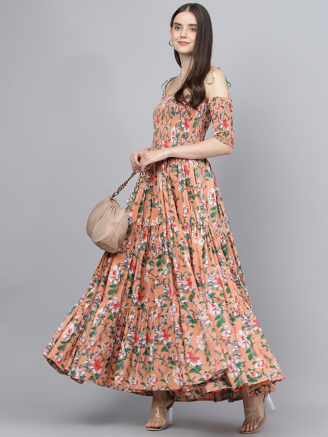 Eshani Peach Floral Printed Shoulder Strips Flared Long Dress - Eshani world