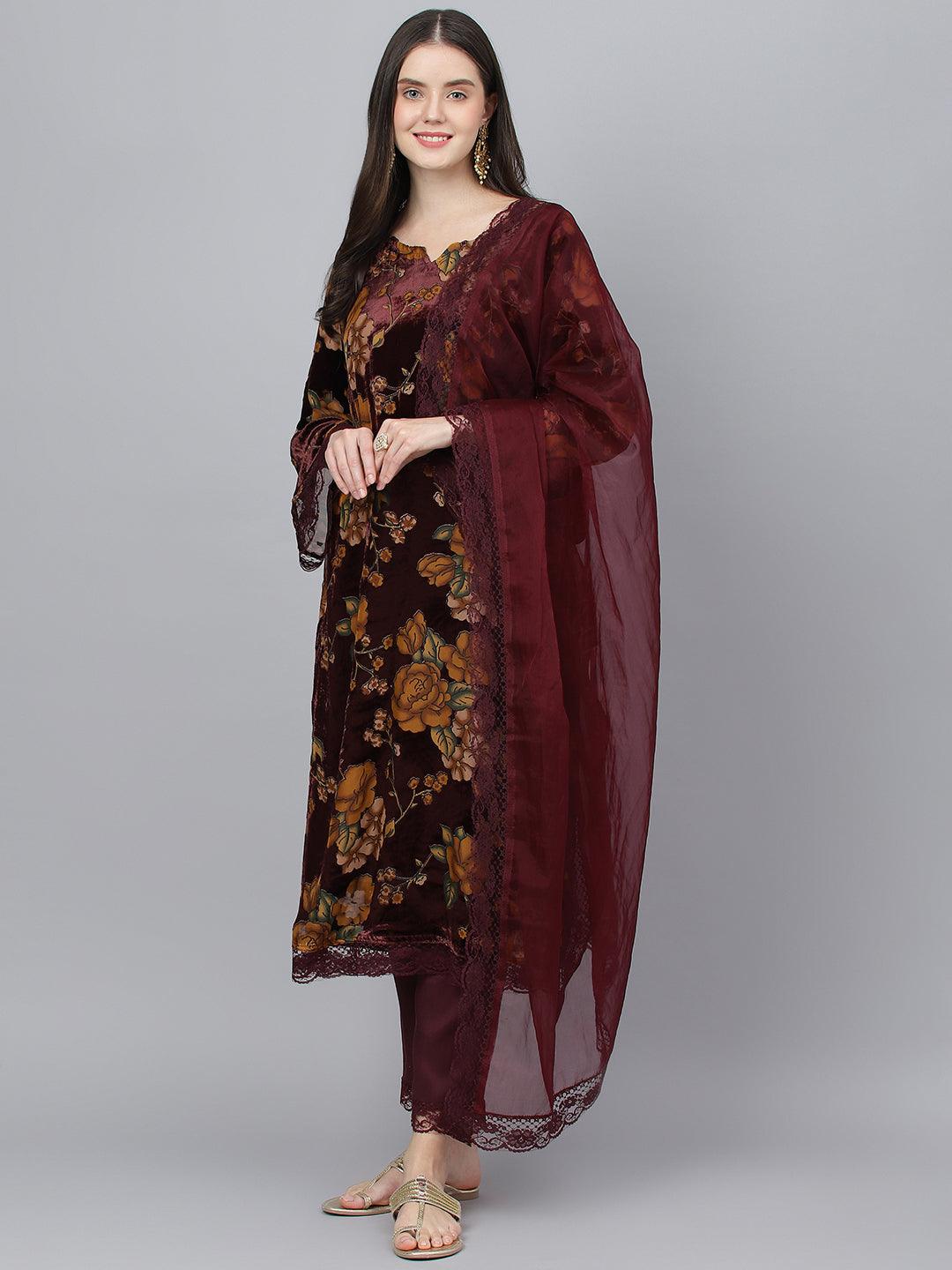 Eshani Wine Floral Burn Out Velvet Kurta pant With Organza Dupatta set - Eshani world