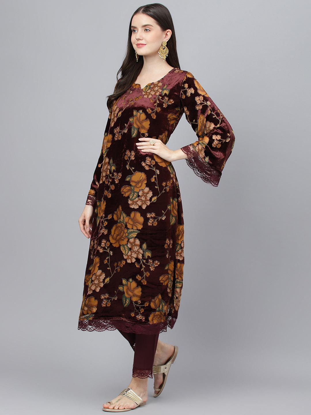 Eshani Wine Floral Burn Out Velvet Kurta pant With Organza Dupatta set - Eshani world