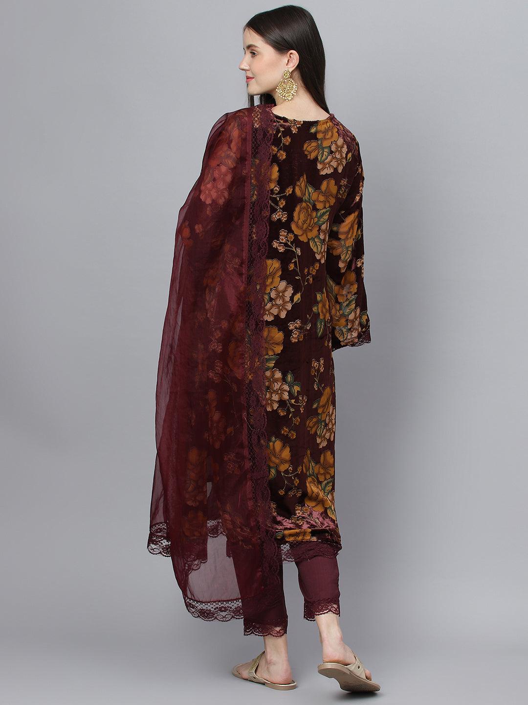 Eshani Wine Floral Burn Out Velvet Kurta pant With Organza Dupatta set - Eshani world