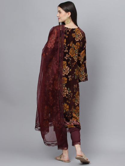 Eshani Wine Floral Burn Out Velvet Kurta pant With Organza Dupatta set - Eshani world