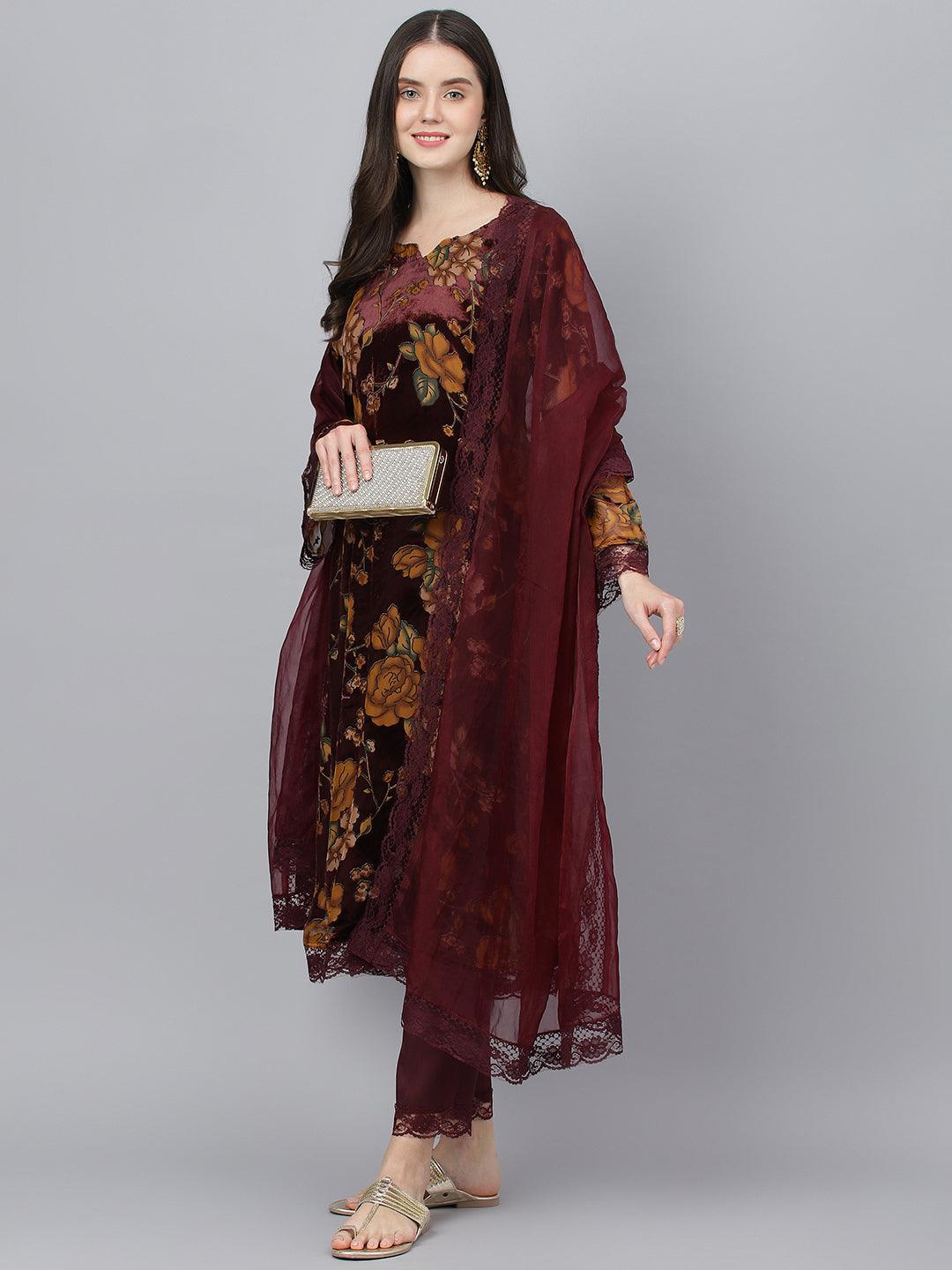 Eshani Wine Floral Burn Out Velvet Kurta pant With Organza Dupatta set - Eshani world