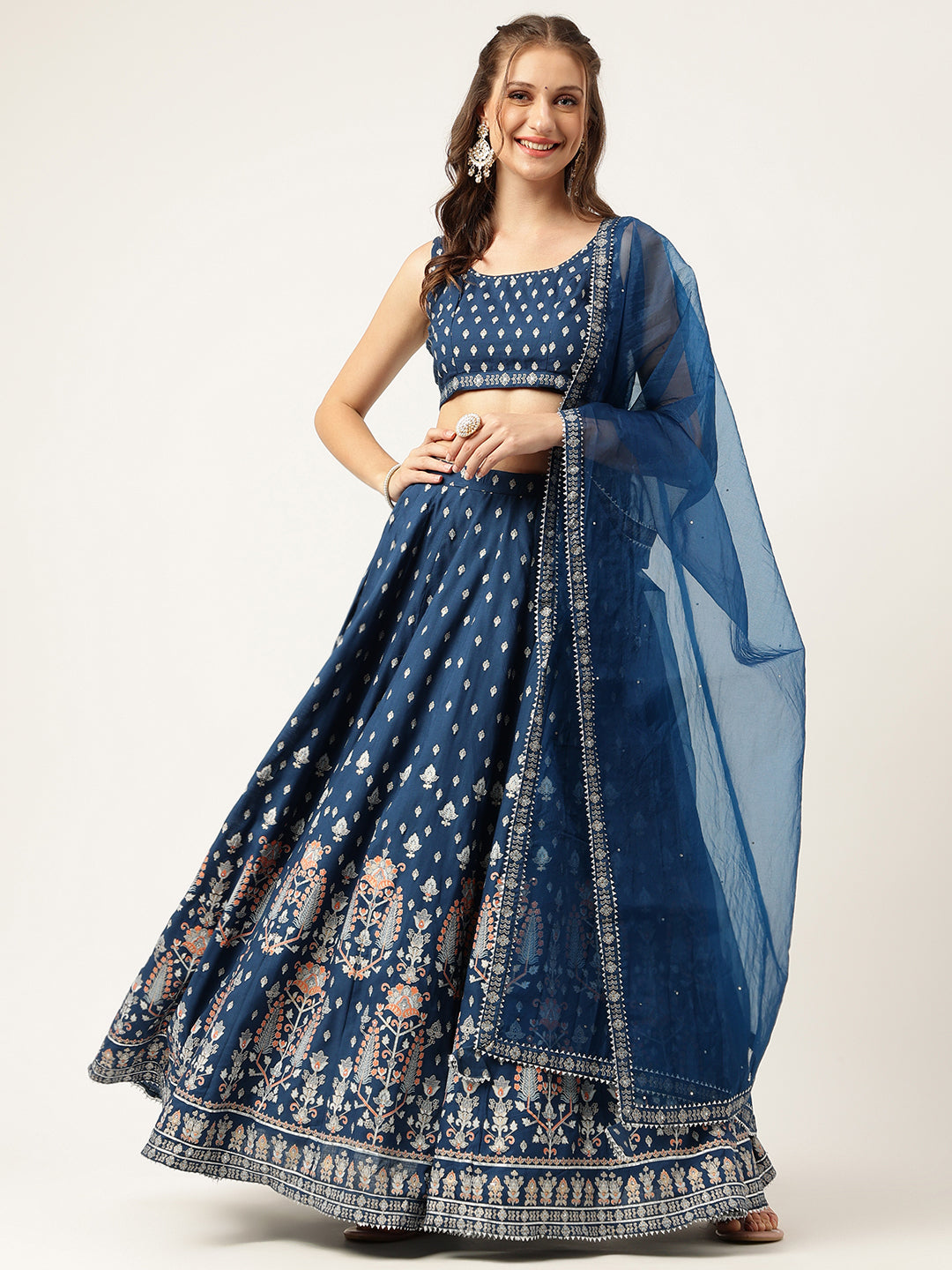 Eshani Blue Rayon Flared Lehenga Choli Set with Organza Dupatta