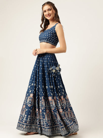 Eshani Blue Rayon Flared Lehenga Choli Set with Organza Dupatta