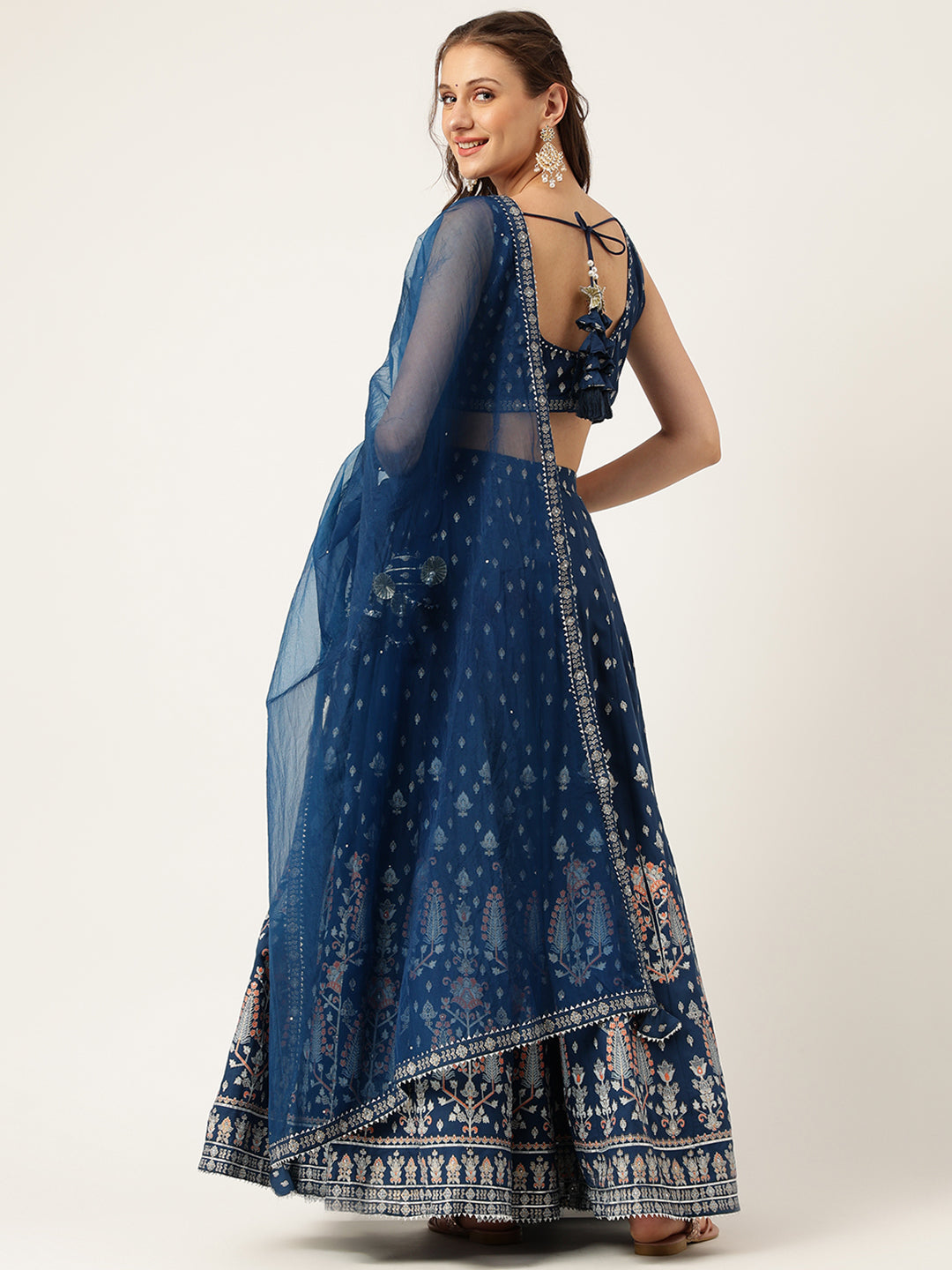 Eshani Blue Rayon Flared Lehenga Choli Set with Organza Dupatta