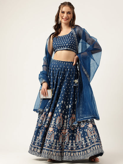 Eshani Blue Rayon Flared Lehenga Choli Set with Organza Dupatta