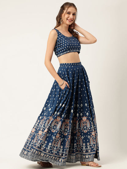 Eshani Blue Rayon Flared Lehenga Choli Set with Organza Dupatta