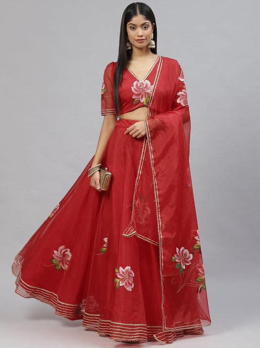 Eshani Red Hand Painted Organza Flared Lehenga Choli Set with Organza Dupatta - Eshani world