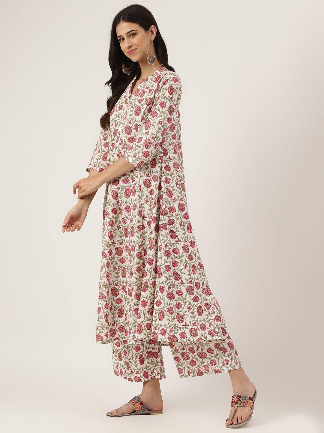 Eshani White Floral Printed Anarkali Kurta Palazoo Sets - Eshani world