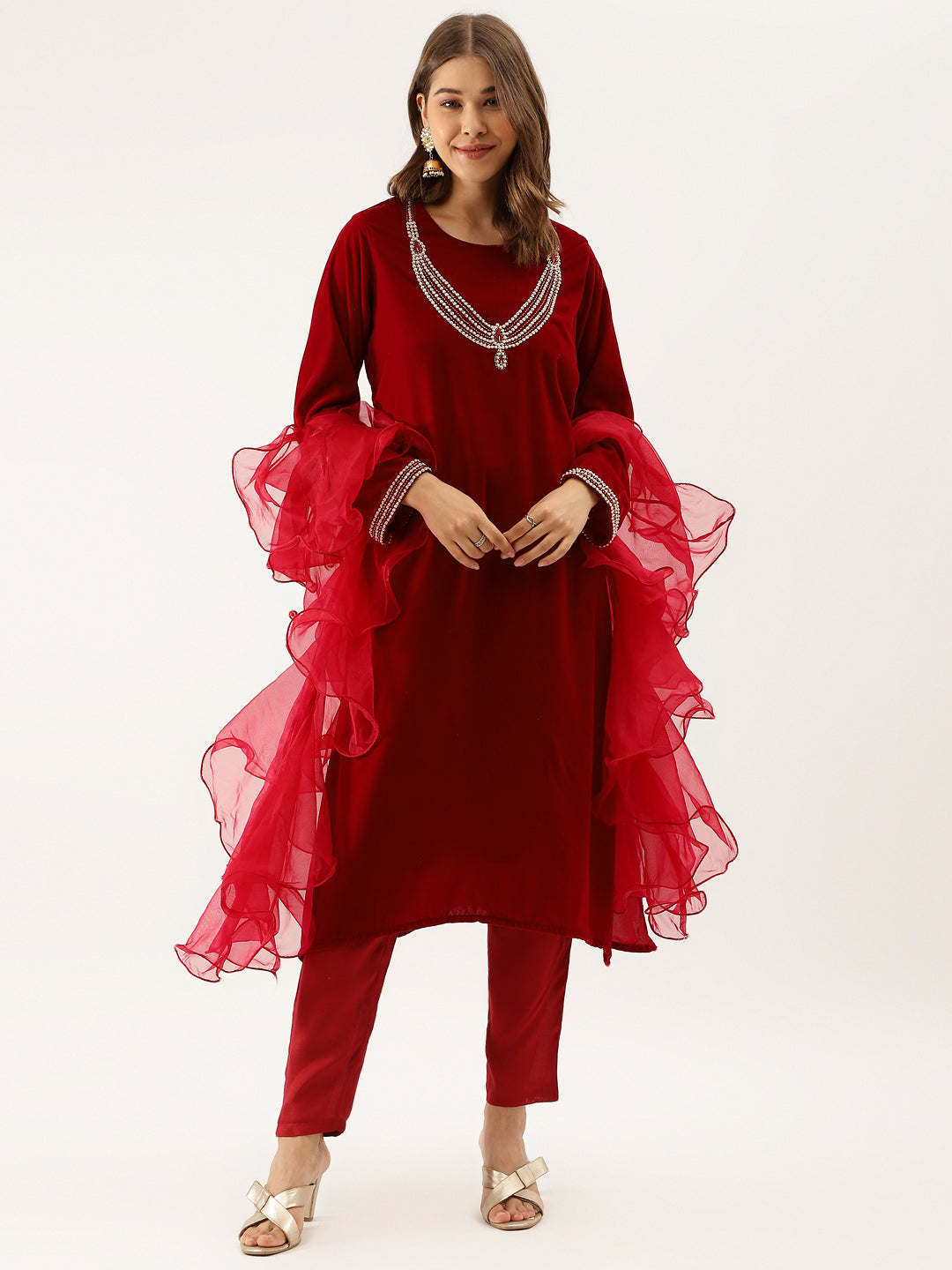 Eshani Maroon Plain Velvet Bead work Embroidered Kurta Set with Organza Dupatta