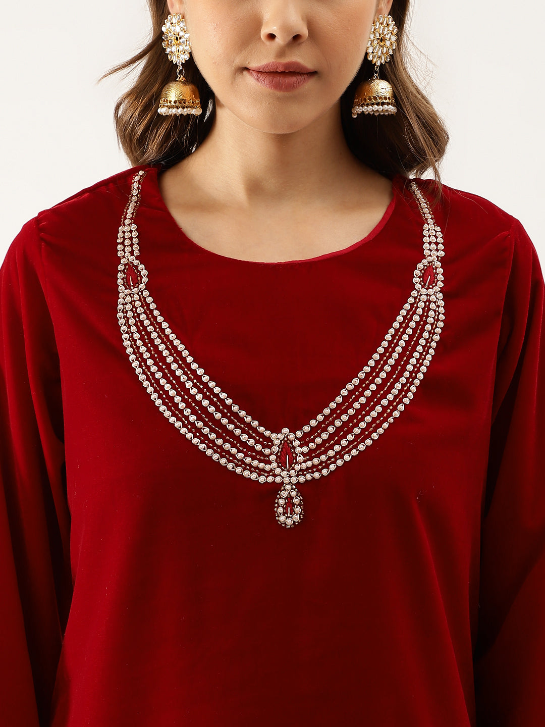 Eshani Maroon Plain Velvet Bead work Embroidered Kurta Set with Organza Dupatta
