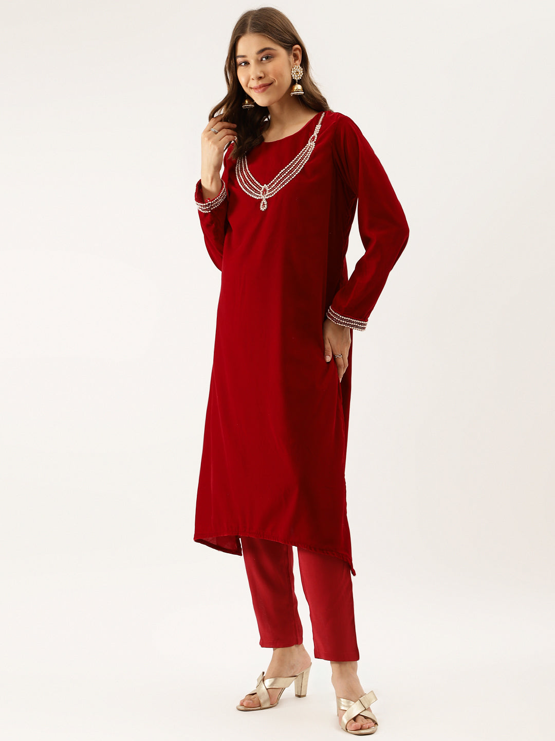 Eshani Maroon Plain Velvet Bead work Embroidered Kurta Set with Organza Dupatta
