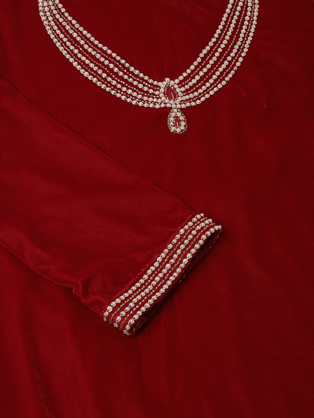 Eshani Maroon Plain Velvet Bead work Embroidered Kurta Set with Organza Dupatta
