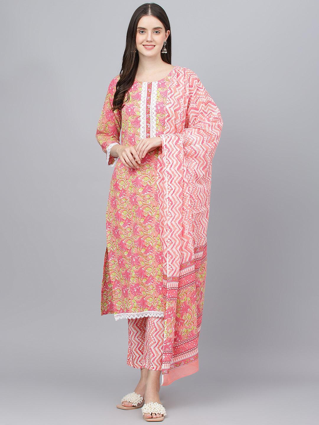 Eshani Peach Floral Printed Kurta Pant set With Dupatta - Eshani world