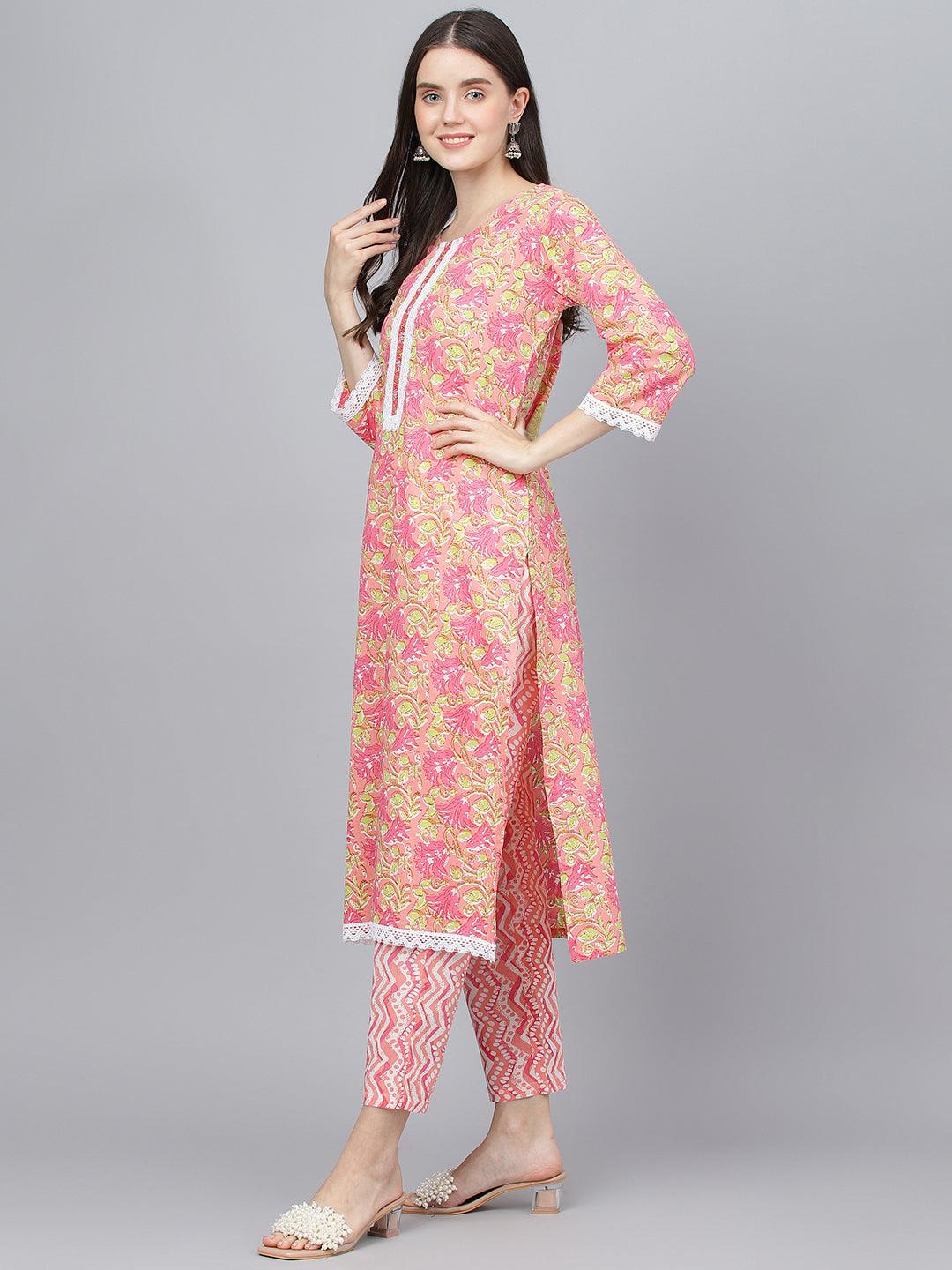 Eshani Peach Floral Printed Kurta Pant set With Dupatta - Eshani world