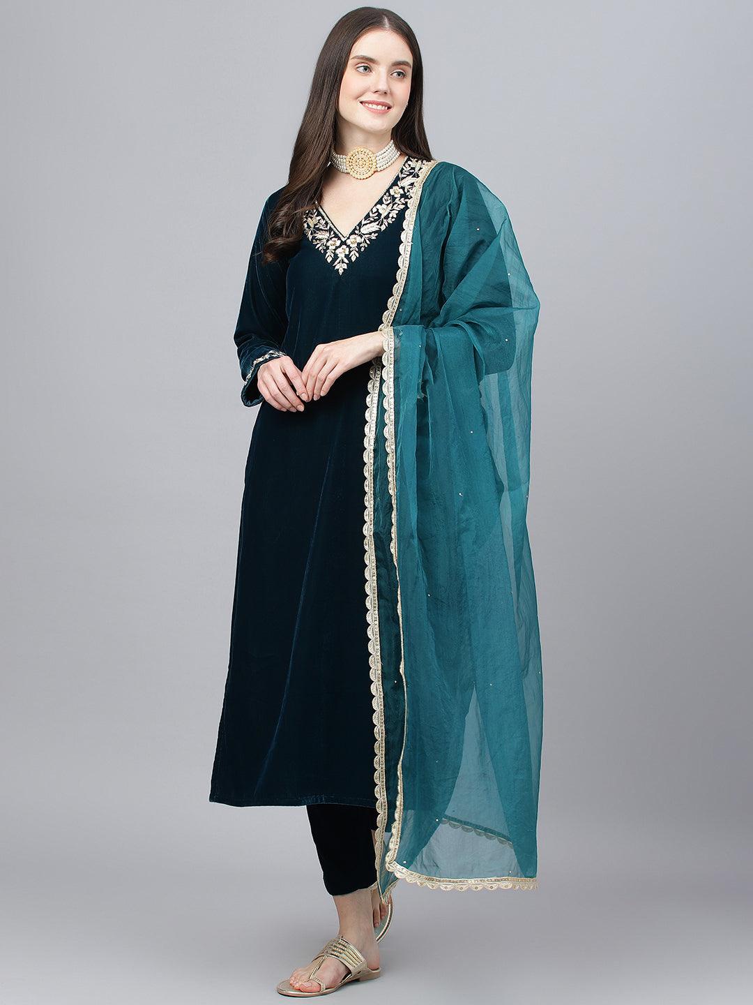 Eshani Teal Green Velvet hand work Kurta pant With Organza Dupatta set - Eshani world